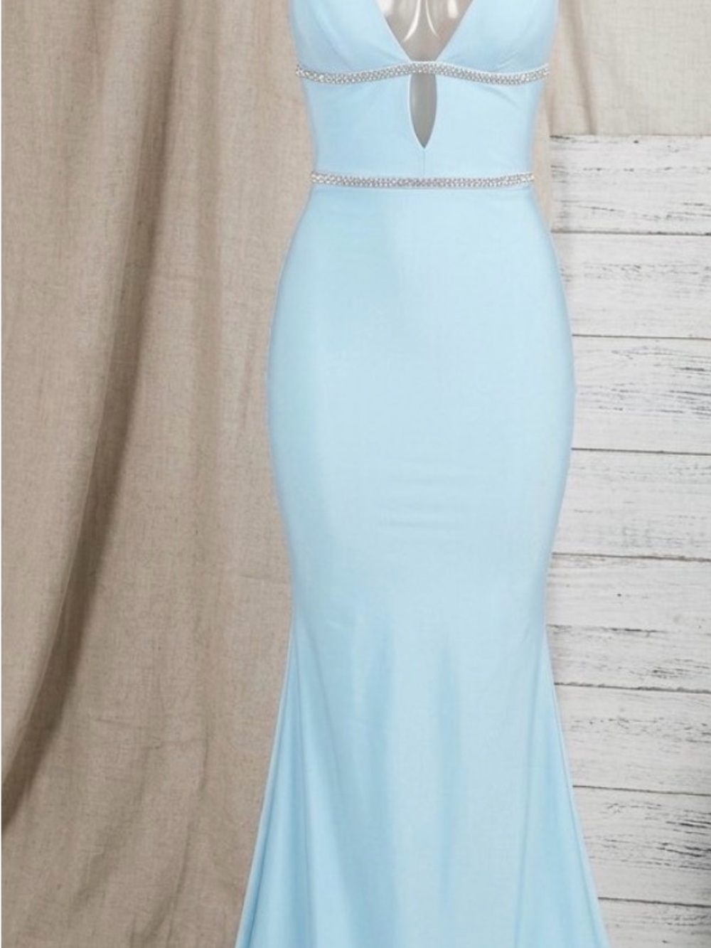 Light Blue Embellished V-Neck Evening Dress